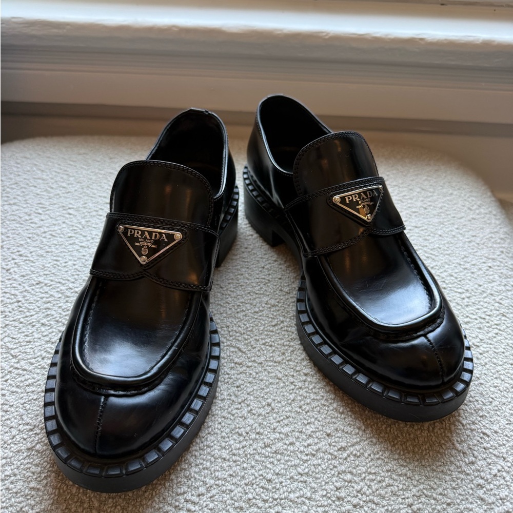 Prada Black Chocolate Loafers with Chunky Sole and Metal Emblem